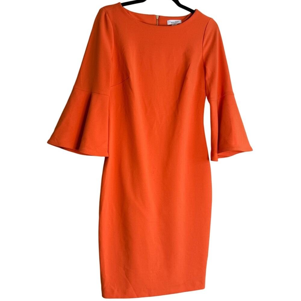 Calvin Klein Sheath Dress Women 6 Orange Stretch Bell Sleeve Zip Business Career